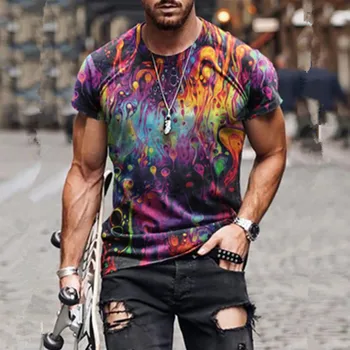 2023 Lete Nové Pánske Módne 3D Farebné Graffiti Krátky Rukáv T-Shirt Vintage Bežné Mužov Streetwear Gotický T Shirt Homme Stich