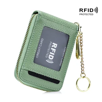 Bezpečné Záruka RFID Blokovanie Organizátor Zips pravej Kože Ženy Kreditnej Karty Držiteľ Keychain Peňaženky