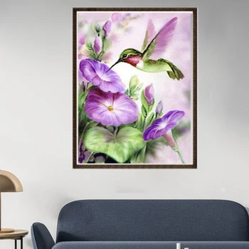 Fialové Kvety Výšivky Plný Maľovanie Kolibrík Nálepky 5d Diy Obrázky Z Kamienky