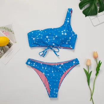 Jeden ramenný popruh bikini sexy modré súhvezdí plavky žena rozdeliť pláže vyhovovali plavky ženy