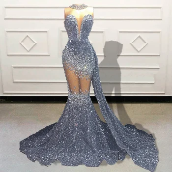 Lesk Korálkové Ženy Morská víla Dlho Prom Šaty na Promócie Strana 2022 Luxury Diamond Zobraziť Prostredníctvom Dievčatá Formálne Večerné Šaty