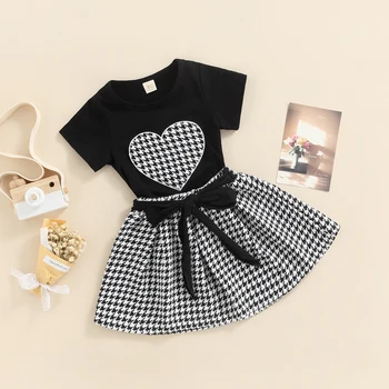 Letné Baby Dievčatá Oblečenie Srdce Koberčeky Tlačených Tričká Topy+A-Line Sukne 2 ks Oblečenia Valentína Nastaviť