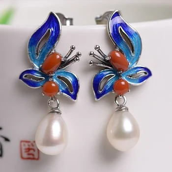 Nový Silver Vykladané Prírodné Hotan Jade Vintage Čínsky Štýl, Spálené Blue Butterfly Petal Južnej Ucho dámske Šperky