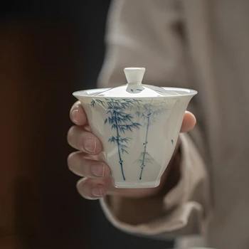 Ručne maľované Bambusu Teacup Keramické Čaj Nastaviť Master Pohár Čínsky Teaware Dodávky Underglaze Farba Biela Porcelánovú Šálku Čaju