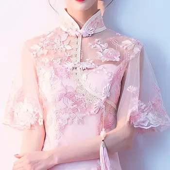 Ružovej Čipky, Výšivky A-Line Spoločenské Šaty Vintage Mandarin Golier Čínske Šaty Cheongsam Sukne Svadobné Party Šaty Vestidos